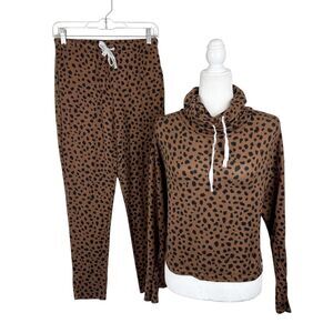 Nine West Pajama Set Women Small Brown Black Animal Print Soft Knit Cowl Sleep